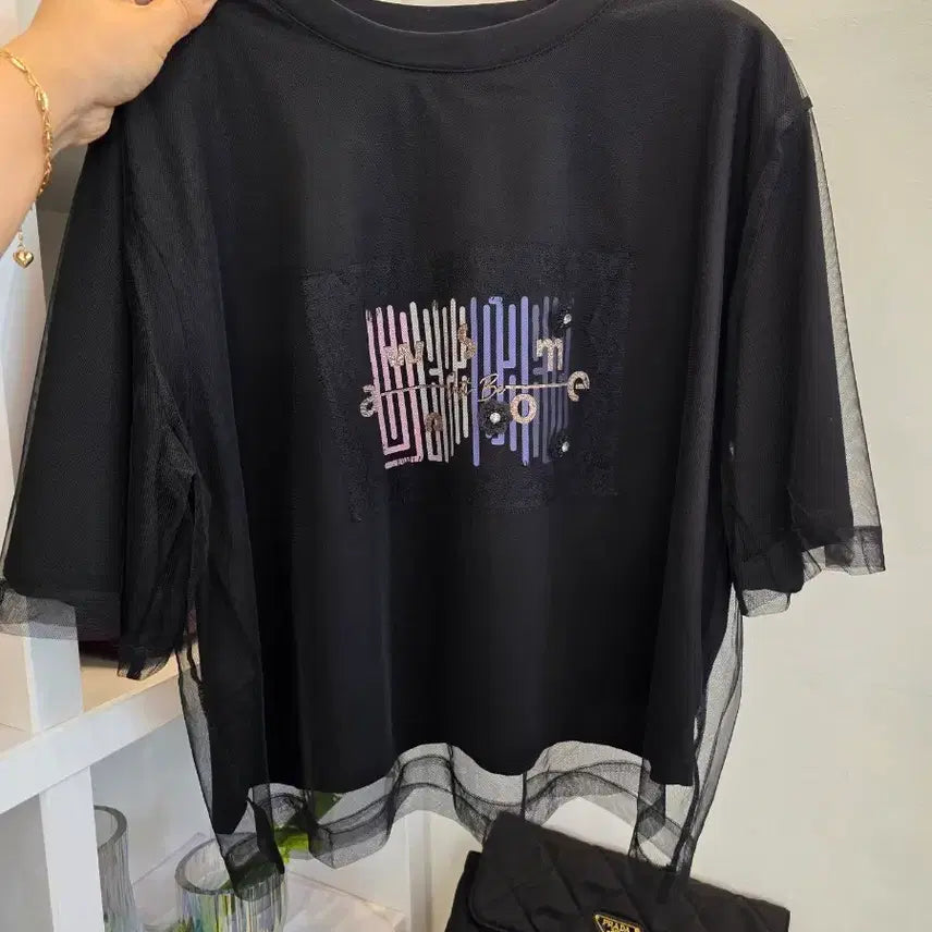 [BUNJANG] Sheer Mesh T-Shirt with Lace and Rhinestone Embellishments / 레이스보석 시스루망사 면티