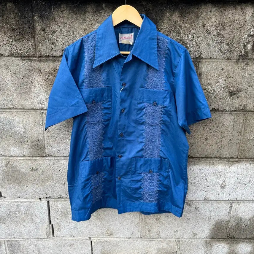 [BUNJANG] 80s La Cubana Vintage Embroidered Guayabera Shirt Navy M / 80s la cubanita 빈티지 자수 구아야베라 쿠바 셔츠 네이비 m