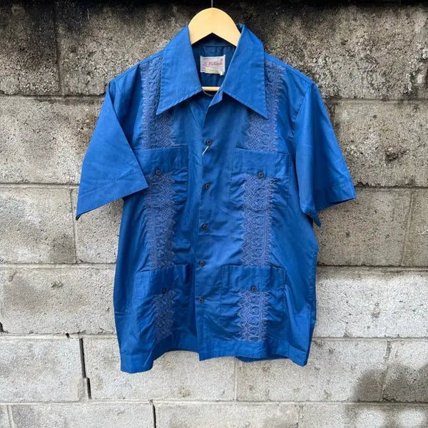 [BUNJANG] 80s La Cubana Vintage Embroidered Guayabera Shirt Navy M / 80s la cubanita 빈티지 자수 구아야베라 쿠바 셔츠 네이비 m