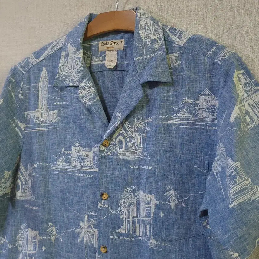 [BUNJANG] Cooke Street Honolulu Vintage Aloha Hawaiian Shirt - Denim Blue / 미국 생산 청 데님 호놀룰루 알로하 화와이안 셔츠 여름 반팔 남방 100 105