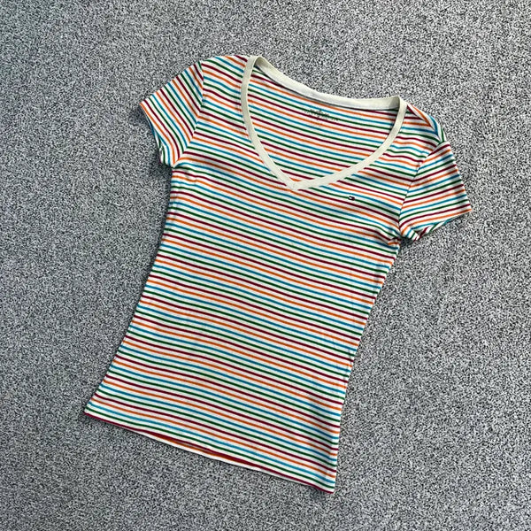 [BUNJANG] Tommy Hilfiger Striped V-Neck Short Sleeve T-Shirt / S 타미힐피거 스트라이프 브이넥 반팔티 4358