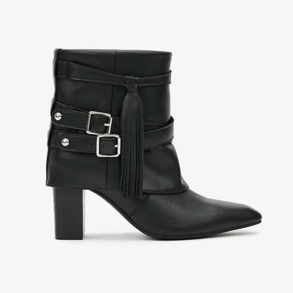 [BUNJANG] Dainitt Fringe Buckle Stiletto Western Leather Ankle Boots Heels Black / 다이닛 빈티지프린지버클스틸레토웨스턴레더앵클부츠힐신발블랙 245250