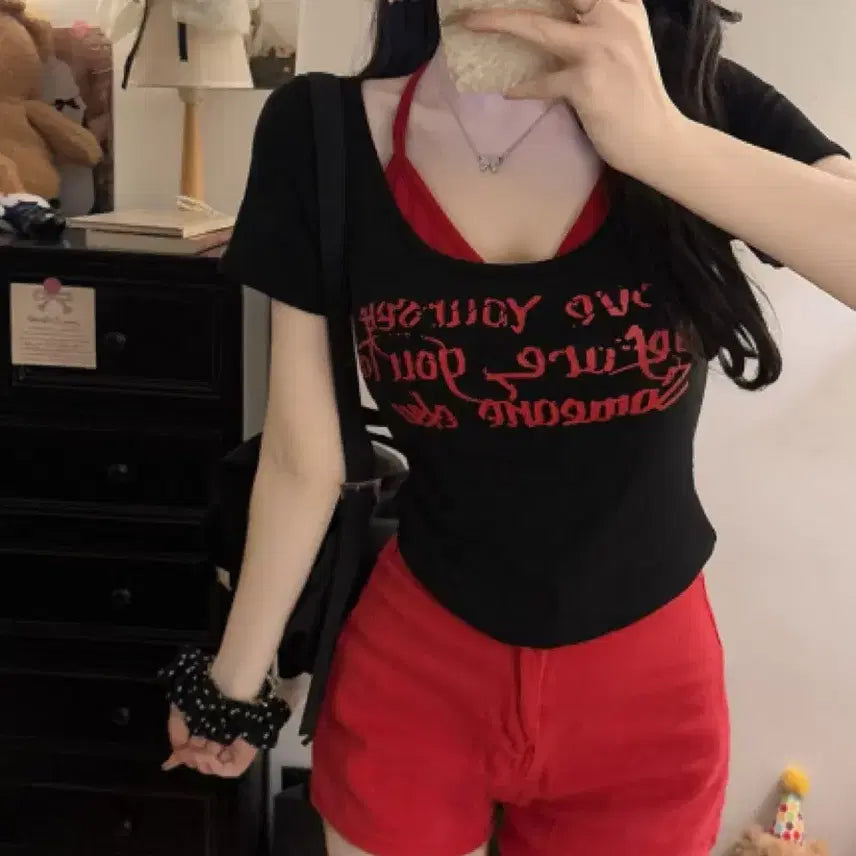[BUNJANG] Y2K Women's Lettering Layered Slim Fit T-Shirt / Y2K 여성 레터링 포인트 일체형 레이어드 슬림핏 티셔츠