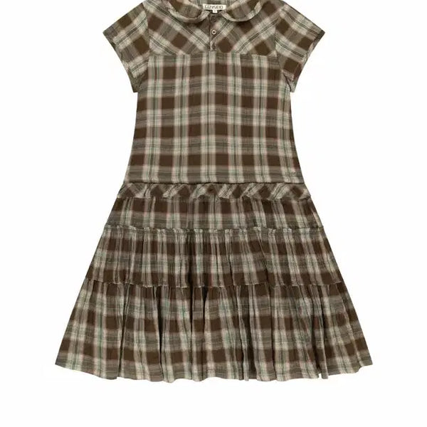 [BUNJANG] Koiseio Checkered Shirring Mini Dress Brown / 코이세이오 체크 원피스 브라운