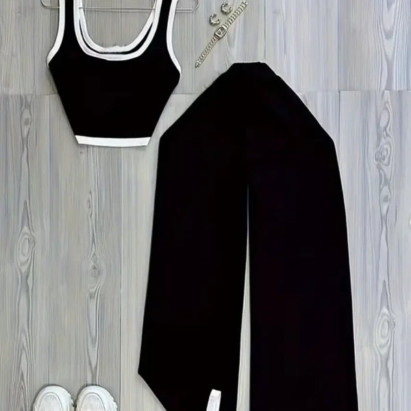 [BUNJANG] Black and White Color Block Crop Tank Top and Wide Pants Set / 블랙 화이트 배색 크롭 나시 세트