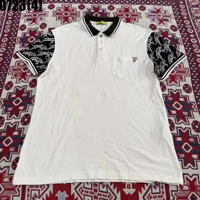 [BUNJANG] Versace White Tiger Pattern Short Sleeve Polo Shirt / 베르사체 반팔 카라티 화이트 호랑이 패턴 0723