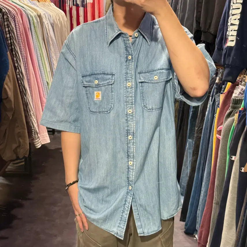 [BUNJANG] Carhartt Two Pocket Denim Short Sleeve Shirt Light Wash / [IM] 칼하트 투포켓 데님 반팔셔츠 연청