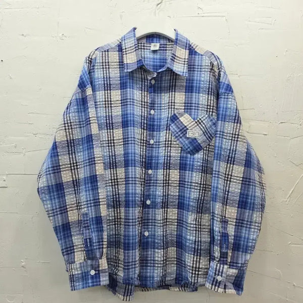 [BUNJANG] Ronron Check Heart Pocket Oversized Shirt Blue / (25년) 론론 체크 하트포켓 오버핏 셔츠 블루