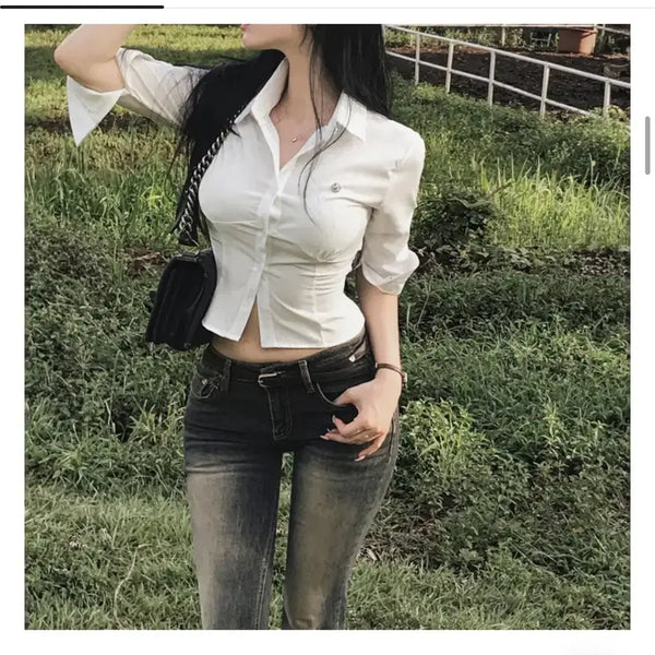 [BUNJANG] Highclassic White Shirring Slim Fit 7/10 Sleeve Shirt / 하이클래식) 화이트 셔링 슬림핏 7부 셔츠