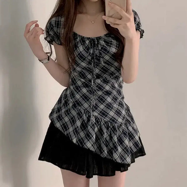 [BUNJANG] Checkered Off-Shoulder Puff Short-Sleeve Mini Dress / 체크 오프숄더 퍼프 반팔 원피스