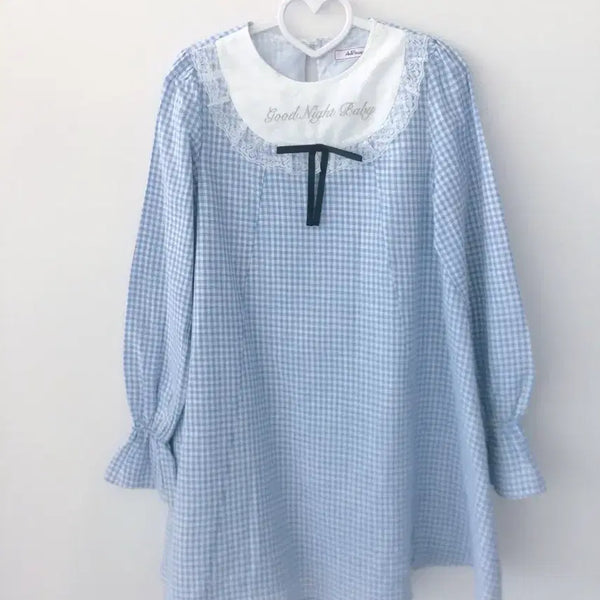 [BUNJANG] Ankrouge Sky Blue Check Lace Good Night Baby Babydoll Dress / 앙크루즈 Ankrouge 스카이블루 체크 레이스 굿나잇베이비 베이비돌 원피스