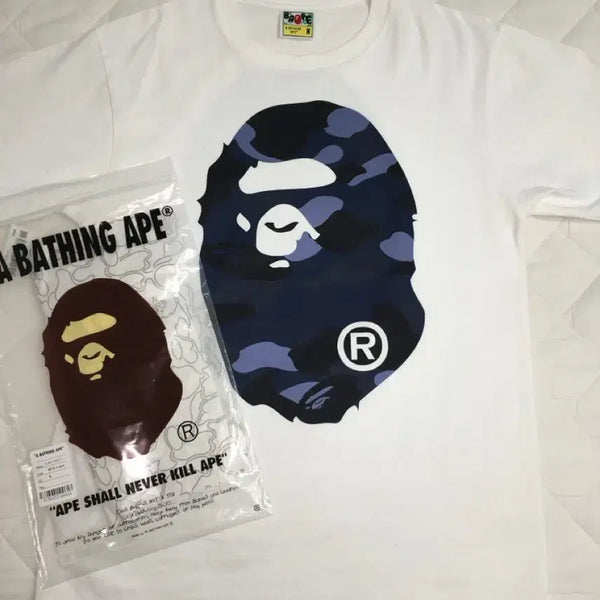 [BUNJANG] Bape Color Camo Big Ape Head T-Shirt White Navy / 베이프 반팔 컬러 카모 빅 에이프 헤드 티셔츠 화이트 네이비