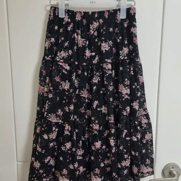 [BUNJANG] Vintage Mori Girl Floral Midi Skirt / 빈티지 모리걸 플라워 스커트 미디 꽃무늬 치마 캉캉 레이스 블랙 핑크