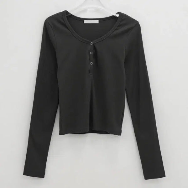 [BUNJANG] Dailyjew Snap Button U-Neck Long Sleeve T-Shirt / 데일리쥬 스냅 버튼 유넥 긴팔 티셔츠