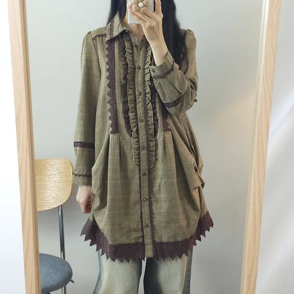 [BUNJANG] Axizfarm Women's Long Sleeve Dress Vintage Check Lace Detail / (M)엑시즈팜 여성 긴팔 원피스 일본 빈티지 체크