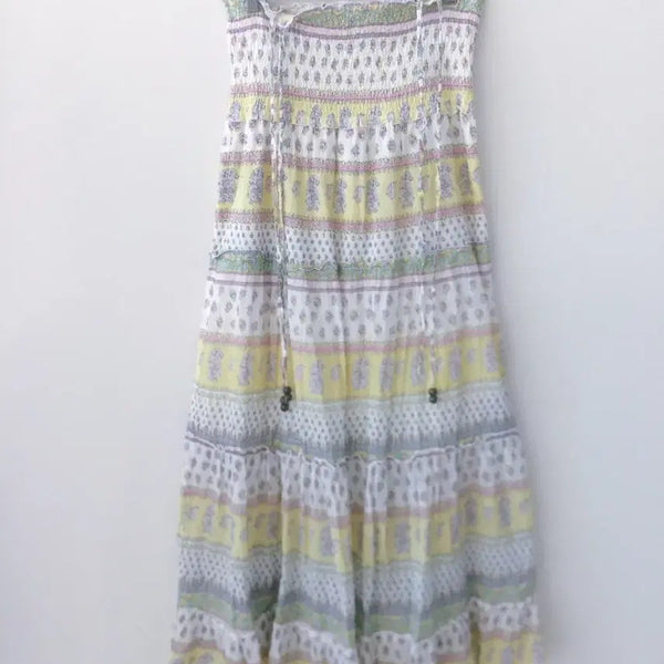 [BUNJANG] Yellow White Paisley Patch Long Skirt Dress / 일본 옐로우 화이트 페이즐리 패치 롱 스커트 겸 원피스