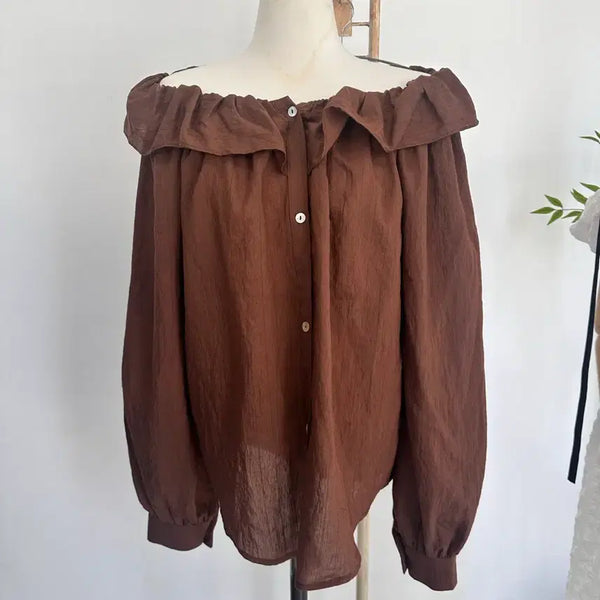 [BUNJANG] Linen Blend Off-Shoulder Blouse / 브라운 오프숄더 블라우스