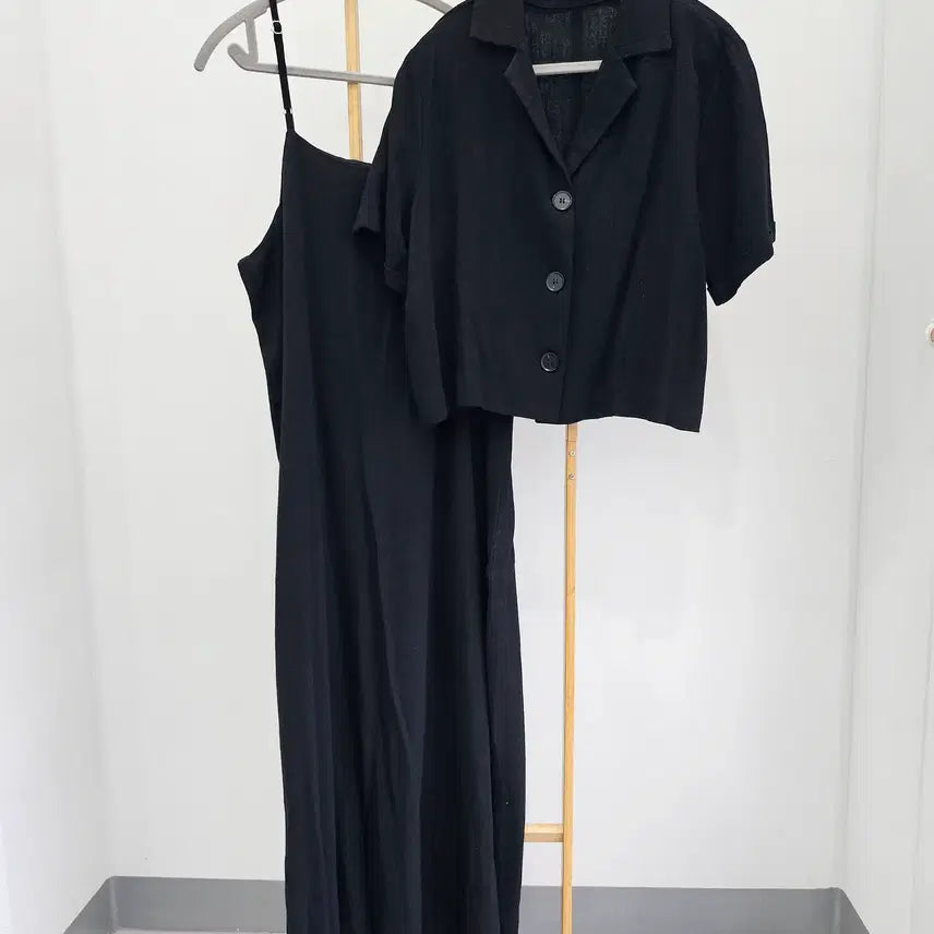 [BUNJANG] Black Linen Blend Two-Piece Set (Jacket + Dress) / 여름 블랙 투피스(자켓+원피스)