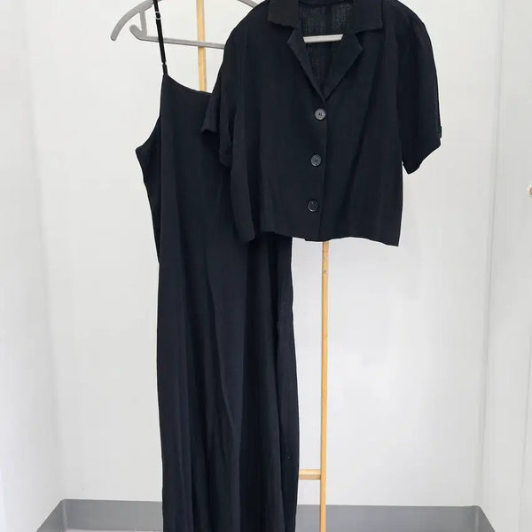 [BUNJANG] Black Linen Blend Two-Piece Set (Jacket + Dress) / 여름 블랙 투피스(자켓+원피스)