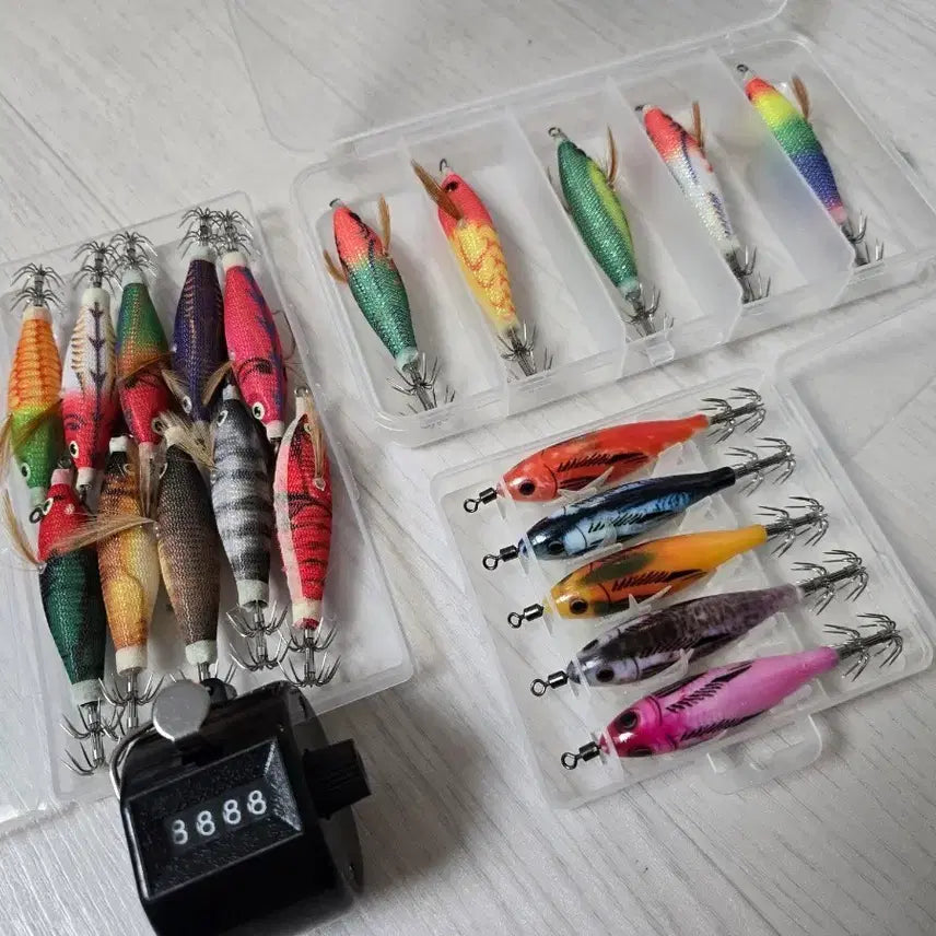 [BUNJANG] Squid and Cuttlefish Lure Set with Counter / 갑오징어 쭈꾸미 수평 에기 세트 / 형광 UV 축광 야광 에기 (카운터기 포함)