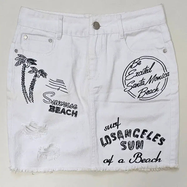 [BUNJANG] LAP White Y2K Retro Denim Lettering Skirt with Summer Beach Printing / 랩(LAP) 화이트 Y2K 레트로 데님 레터링 스커트 썸머 비치 프린팅