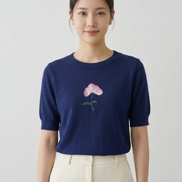[BUNJANG] Mah So Young Flower Embroidered Short Sleeve Knit Navy Rayon Hemp Blend / 마소영(mah soyoung) 플라워 자수 반팔 니트 | 네이비 | 레이온 햄프 혼방 | 상태최상