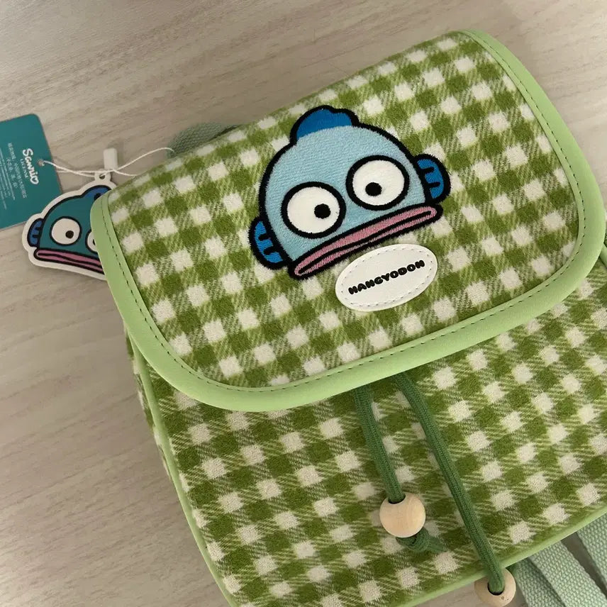 [BUNJANG] Sanrio Hangyodon Green Check Mini Pouch Backpack Bag / (새상품) 산리오 한교동 그린 체크 미니 복조리 백팩 가방