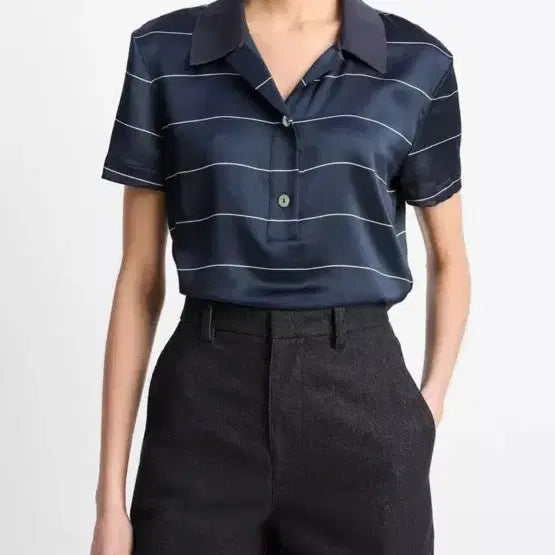 [BUNJANG] Vince Dark Navy Silk Stripe Polo Top / 빈스 다크네이비 실크 스트라이프 폴로 탑(새제품,택0)