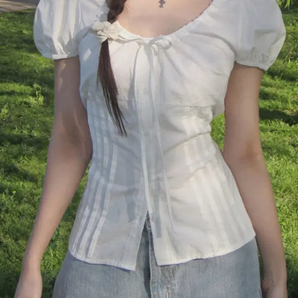 [BUNJANG] Modi Mood Picnic Ribbon Round Pintuck Puff Sleeve Blouse White / 모디무드 피크닉 리본 라운드 퍼프 핀턱 블라우스 퍼프 소매 화이트
