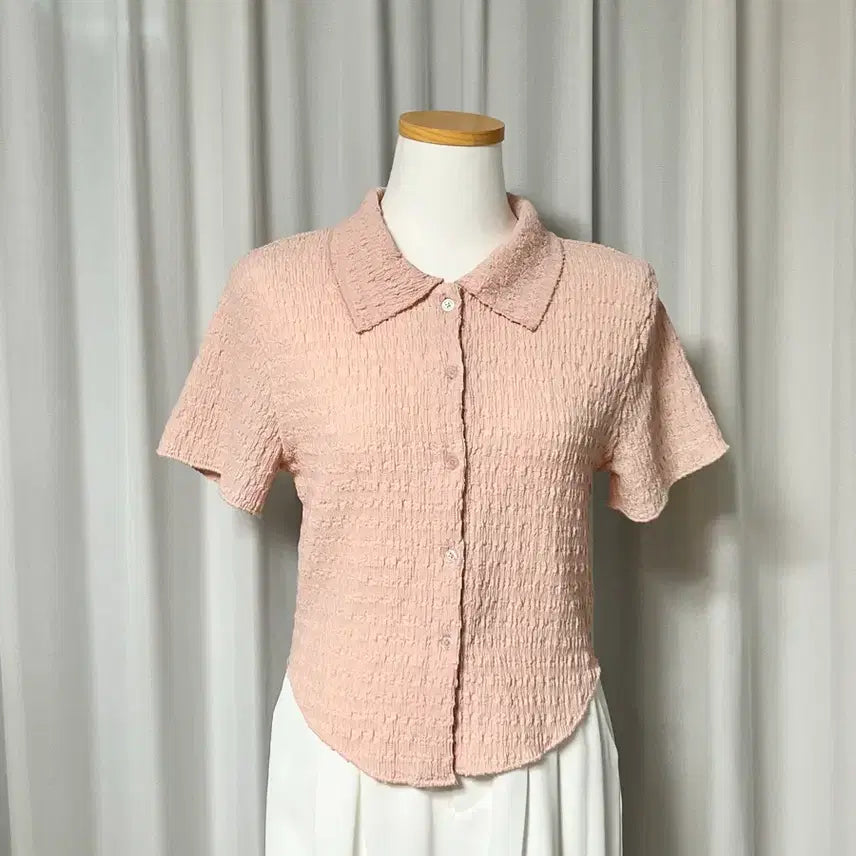 [BUNJANG] Pink Wrinkle Collar Crop Blouse / 핑크 링클 주름 크롭 카라 셔츠 블라우스