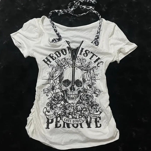 [BUNJANG] White Skull Shirring Punk Short Sleeve T-Shirt / 화이트 해골 셔링 펑크 반팔