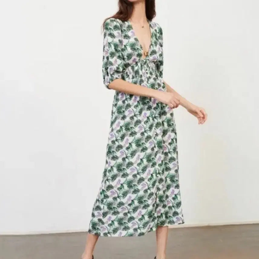 [BUNJANG] Maje Linen Floral V-Neck Dress / (36)마쥬 린넨 플로럴 브이넥 원피스