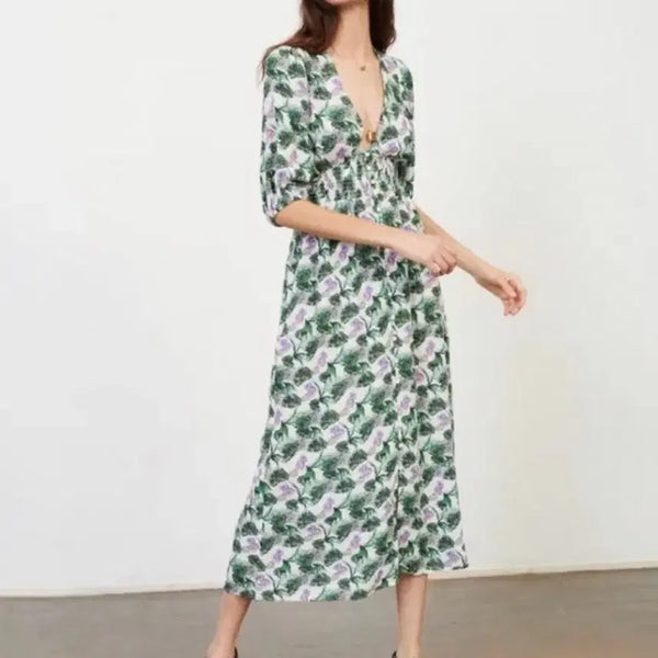 [BUNJANG] Maje Linen Floral V-Neck Dress / (36)마쥬 린넨 플로럴 브이넥 원피스