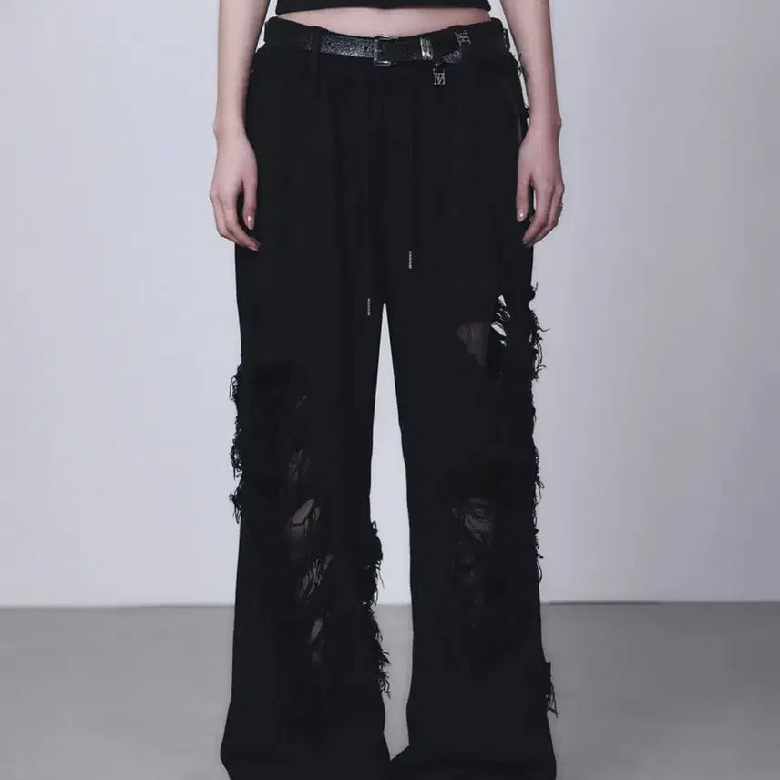 [BUNJANG] Trimingbird Scratch Damage Wide Pants Black / 트리밍버드 스크래치 데미지 와이드 팬츠 블랙