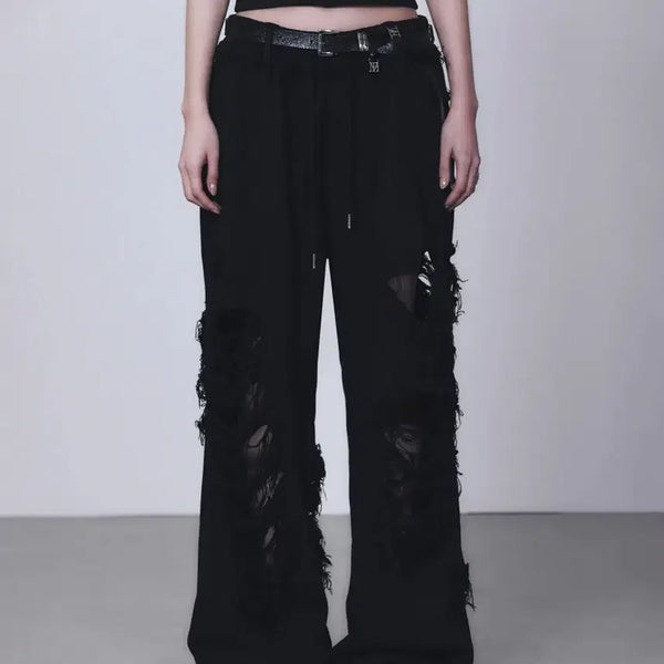 [BUNJANG] Trimingbird Scratch Damage Wide Pants Black / 트리밍버드 스크래치 데미지 와이드 팬츠 블랙