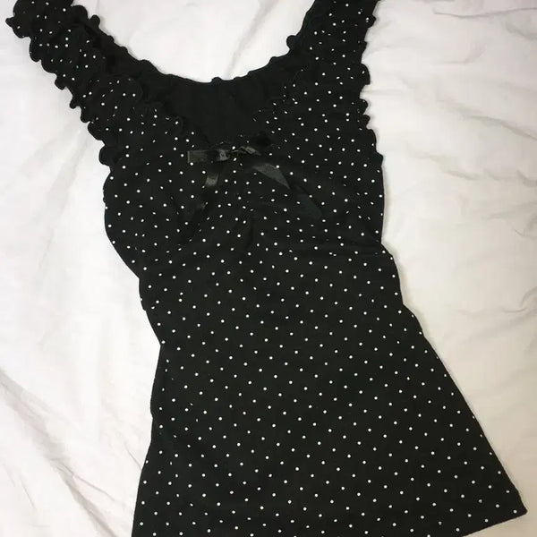 [BUNJANG] Dot Shirring Sleeveless Top - Black / 로걀 도트 땡땡이 셔링 나시탑 블랙