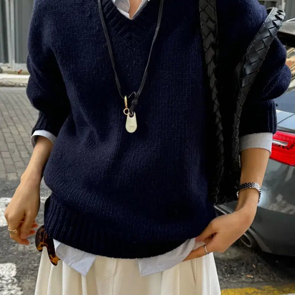 [BUNJANG] ONCE V-Neck Wool Knit Navy / 온스 론 브이넥 울 니트 네이비