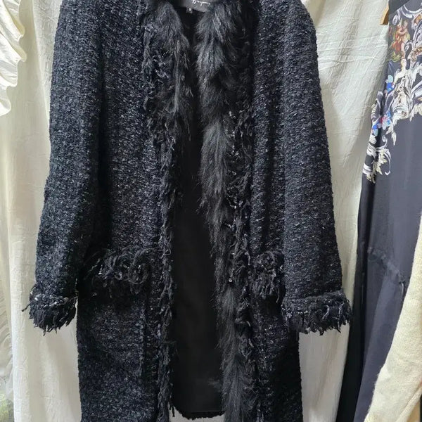 [BUNJANG] Obzee Black Tweed Fur Trimmed Coat / 오브제 블랙 트위드 퍼 장식 코트