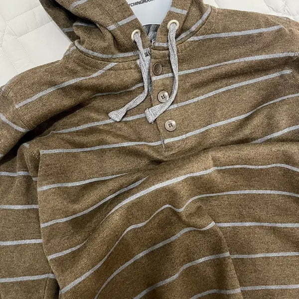 [BUNJANG] Striped Henley Hooded T-Shirt / 헨리넥 스트라이프 후드티