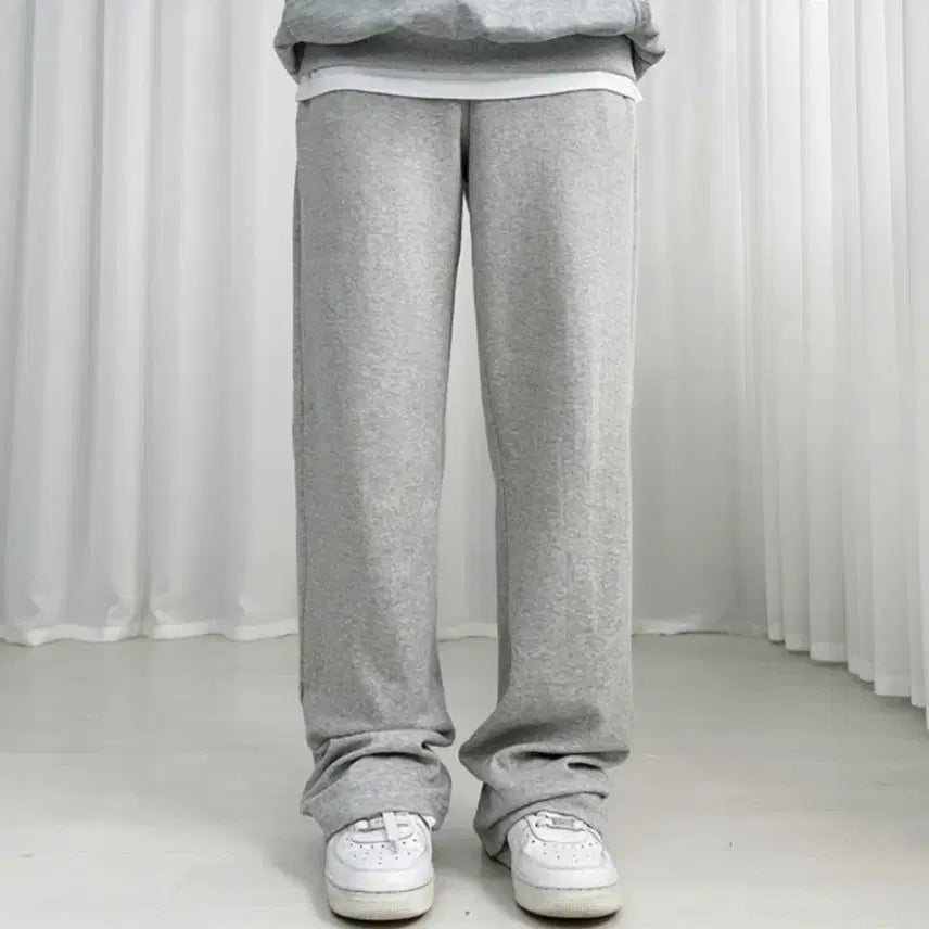 [BUNJANG] Unbranded Grey Fleece Lined Wide Leg Training Pants / 새상품) 밴딩 기모 회색 트레이닝 와이드 팬츠