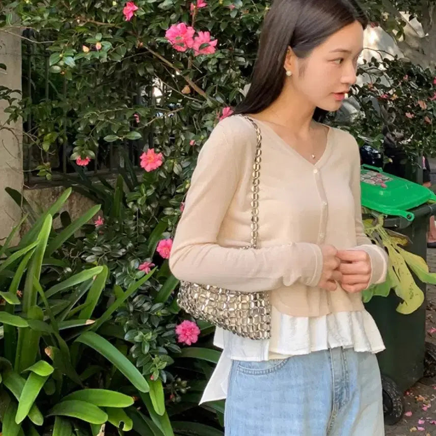 [BUNJANG] Ganaesra Summer Cropped Cardigan Peach Beige / 새상품)가내스라 자체제작 시모 크롭 가디건 피치베이지 여름가디건