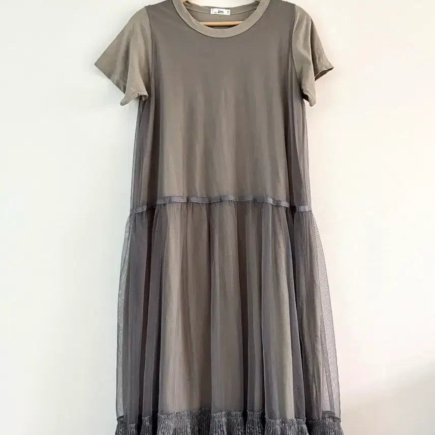 [BUNJANG] Khaki Charcoal Sheer Layered Long Dress / 카키빛 차콜 샤 레이어드 롱원피스
