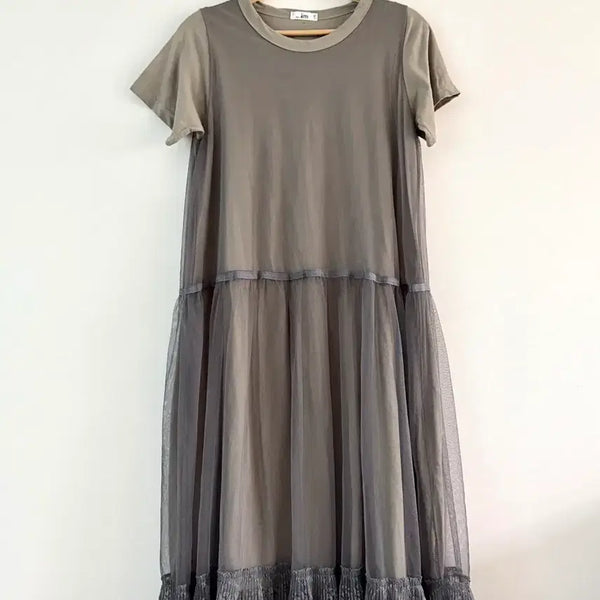 [BUNJANG] Khaki Charcoal Sheer Layered Long Dress / 카키빛 차콜 샤 레이어드 롱원피스