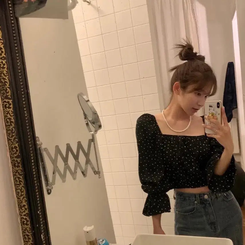 [BUNJANG] Noni U Heart Love Ribbon Blouse Square Neck / 단종 새상품) 노니유 하트 러브 리본 블라우스 /스퀘어넥/자체제작