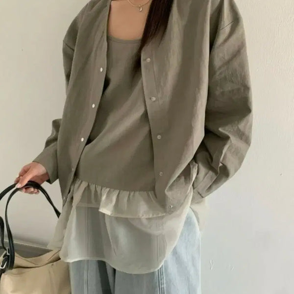 [BUNJANG] Linen Sleeveless Cardigan Set with Ruffle Layering - Light Khaki / [1+1] 새상품 린넨 민소매 가디건 세트 / 레이어드 나시 셋업 프릴 자켓 루즈핏 데일리룩 휴양지룩 바캉스룩
