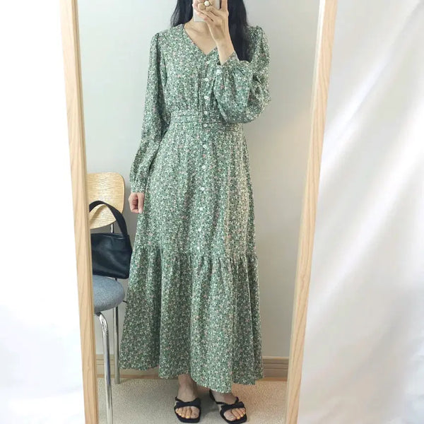 [BUNJANG] Women's Floral Long Sleeve Smocked Back Waist Flare Dress / (F)여성 긴팔 롱 원피스 플라워 스모크 뒷밴딩
