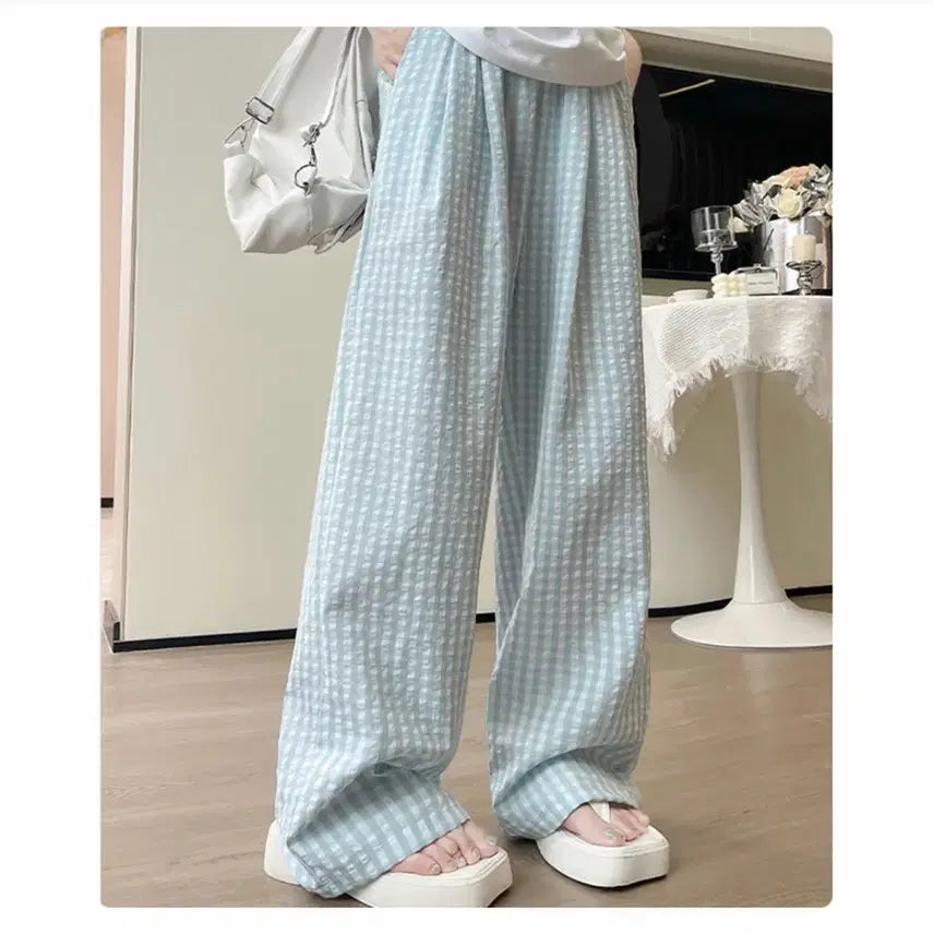 [BUNJANG] Blue Check Pattern Wide Pants / 체크 패턴 와이드 팬츠