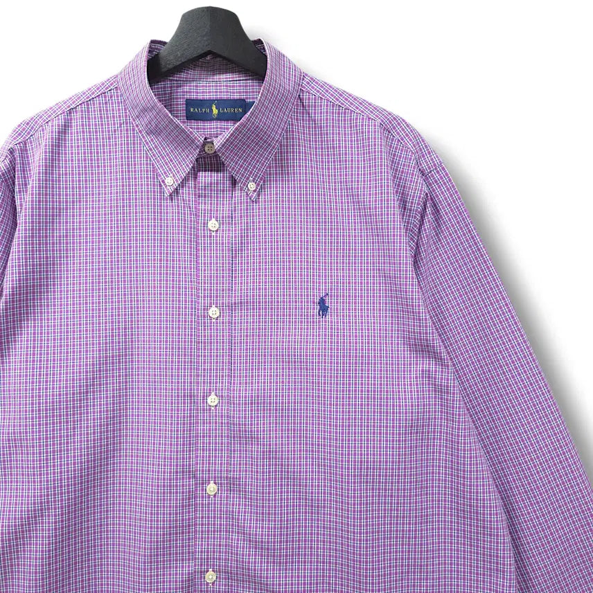 [BUNJANG] Polo Ralph Lauren Purple Check Navy Pony Oversized Cotton Long-Sleeve Shirt (2XL) / [2XL] 폴로 퍼플 체크 네이비포니 오버핏 코튼 긴팔셔츠