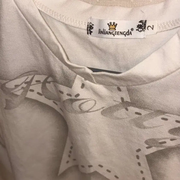 [BUNJANG] Y2K White Star Print Cropped V-Neck Long Sleeve T-Shirt / Y2K 화이트 별 프린팅 크롭 브이넥 긴팔 티셔츠 JINLIANGTENGDA