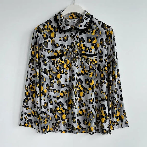 [BUNJANG] CERIA Leopard Pattern Lace Collar Shirt / CERIA 레오파드 패턴 호피 레이스 카라 셔츠 160